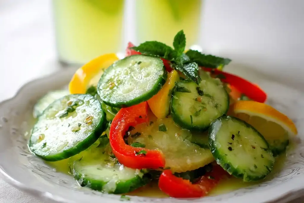 Close-up of a fresh Cucumber Salad with sliced cucumbers, red peppers, and fresh mint on a white plate.