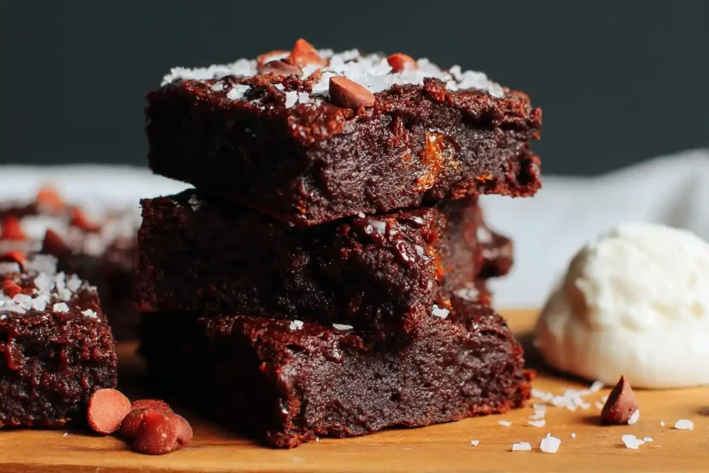 Stack of three thick fudgy brownies topped with sea salt flakes and chocolate chips on a wooden board.