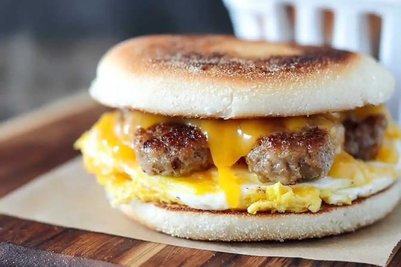Close-up of a homemade Sausage Egg and Cheese Sandwich on a toasted English muffin with melted cheese.