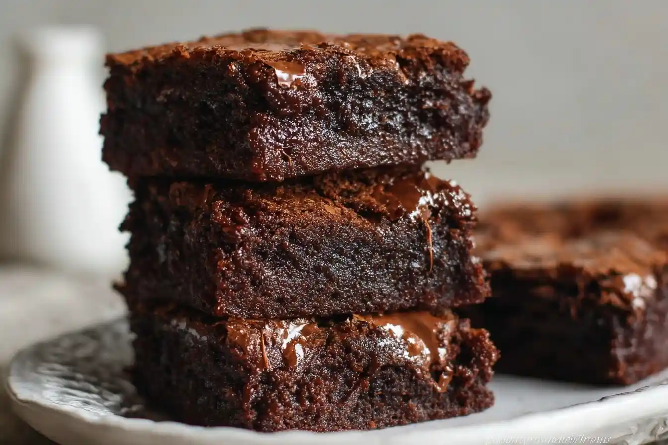 A close-up shot of three rich, fudgy brownies stacked on a white plate, with gooey melted chocolate chips visible.