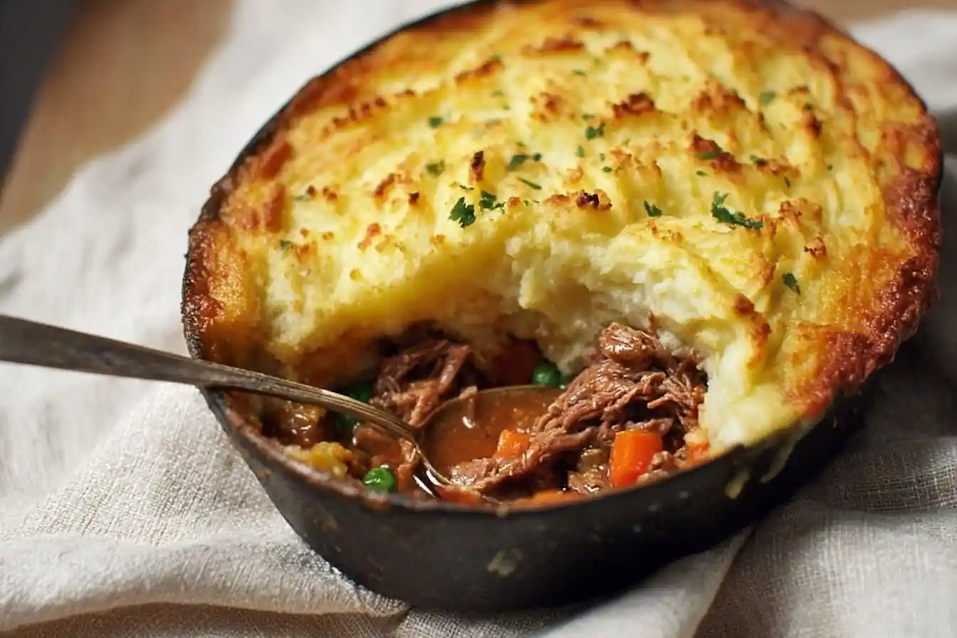Close-up of a spoon scooping savory Shepherd's Pie with shredded beef filling and a golden mashed potato topping.
