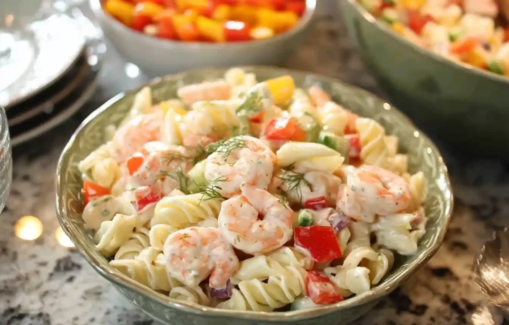 Close-up of a creamy shrimp pasta salad with rotini, red peppers, and fresh dill in a green bowl.