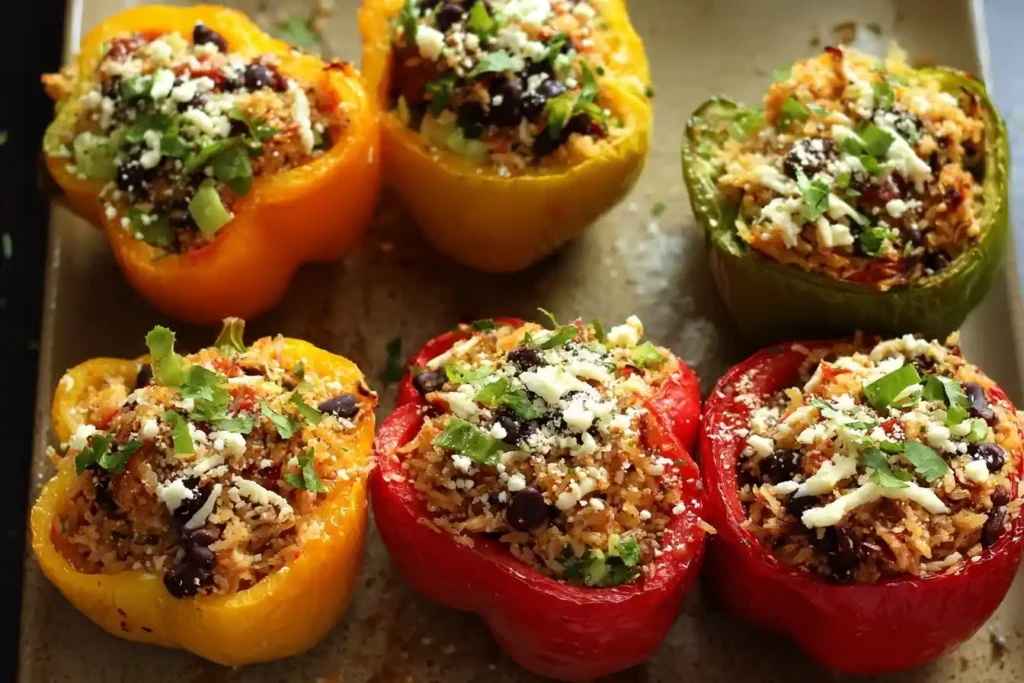 Overhead view of six colorful Mexican stuffed peppers filled with black beans and rice on a baking sheet.