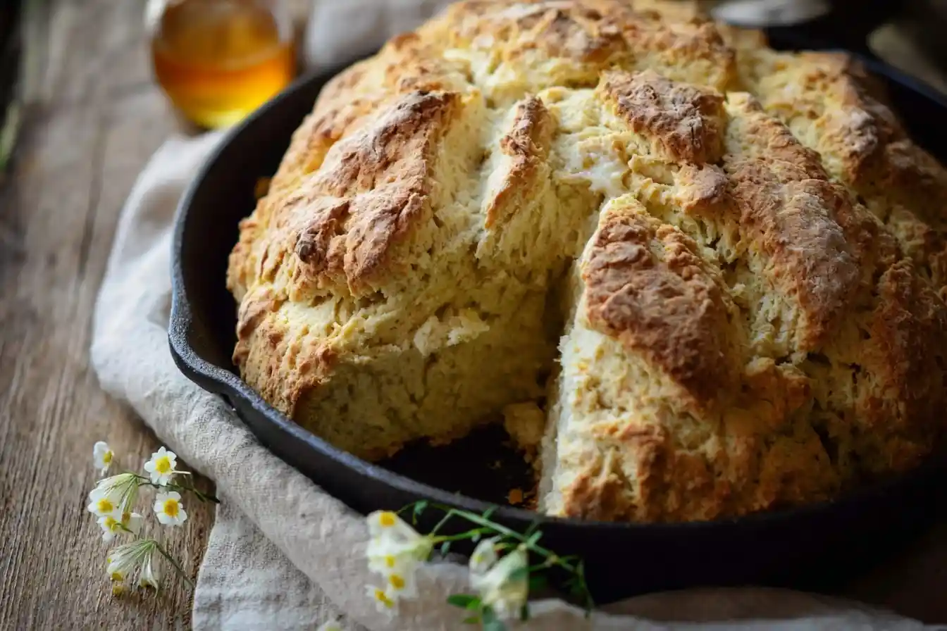 Golden brown Irish Soda Bread baked in a cast iron skillet with a slice removed to show the soft crumb