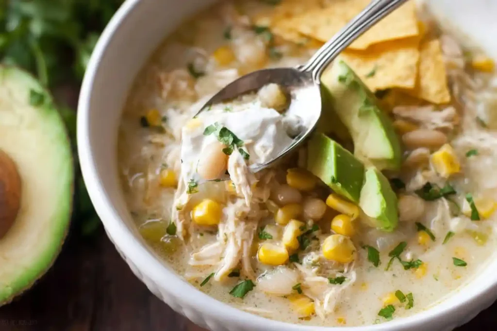 Close-up of a bowl of creamy white chicken chili filled with corn, beans, and chicken, topped with avocado and cilantro.