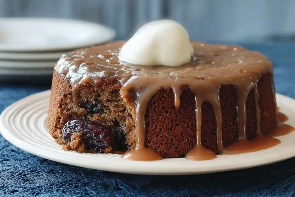Close-up of a moist sticky toffee pudding with dates, drenched in warm sauce and topped with cream.