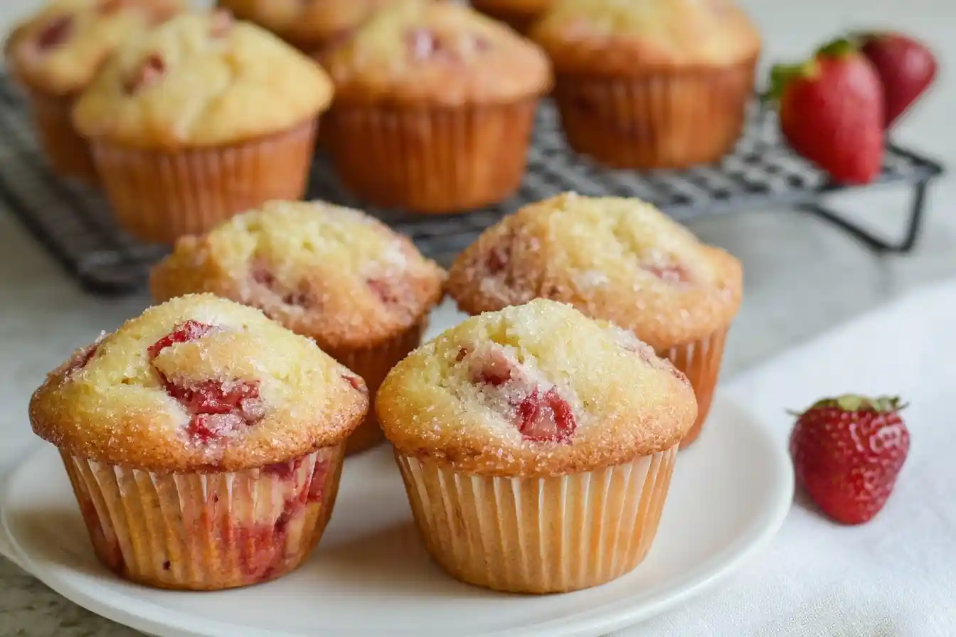 Close-up of two golden strawberry muffins on a white plate, with more muffins cooling on a wire rack in the background.