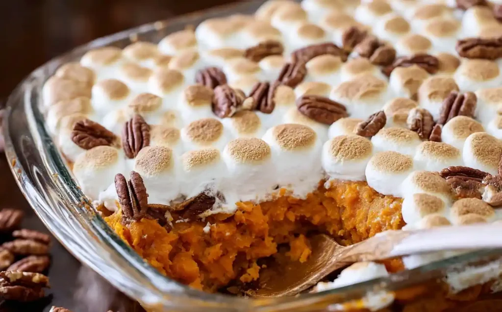 A classic sweet potato casserole in a glass dish, topped with toasted marshmallows and pecans, with a spoonful served out.