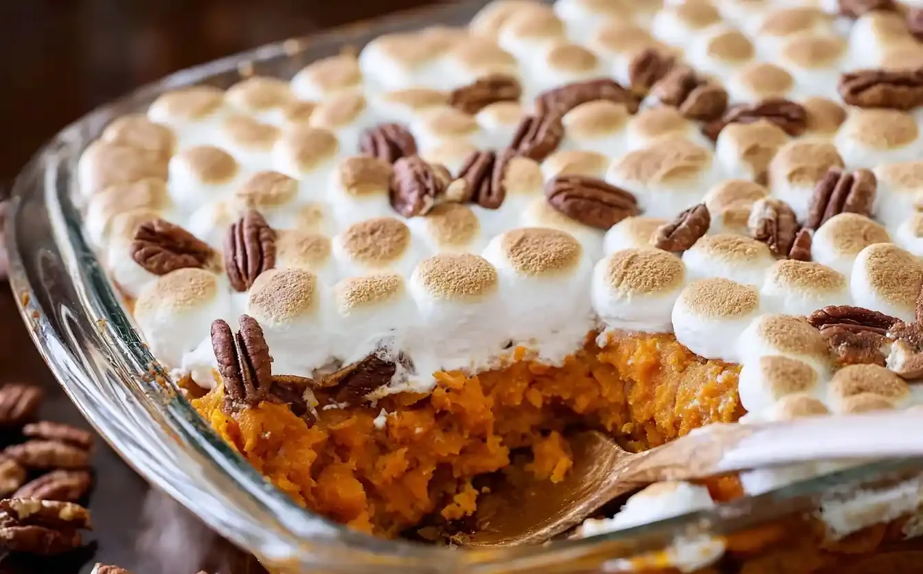 A classic sweet potato casserole in a glass dish, topped with toasted marshmallows and pecans, with a spoonful served out.