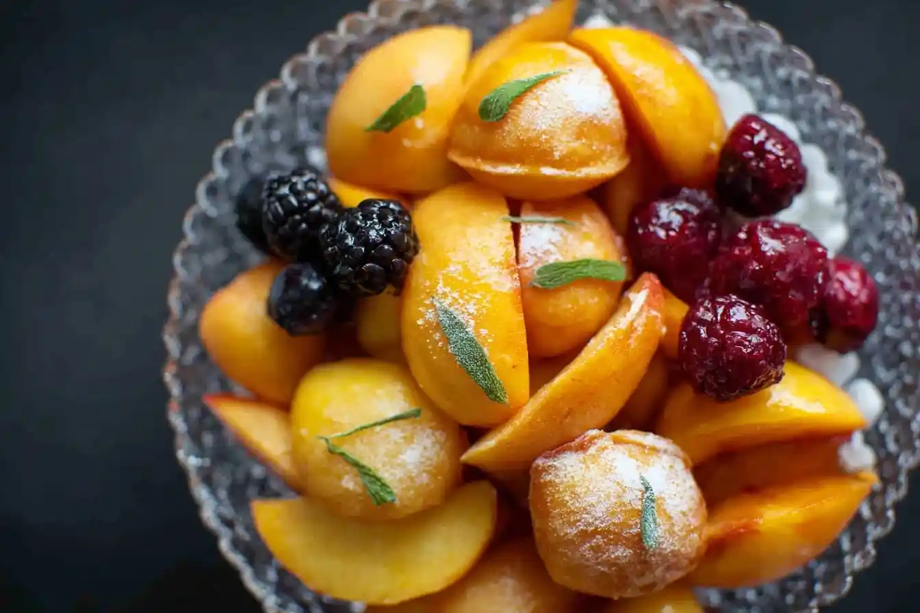 Overhead view of a fresh peach fruit salad with blackberries, raspberries, and sugared pastry puffs in a crystal bowl.