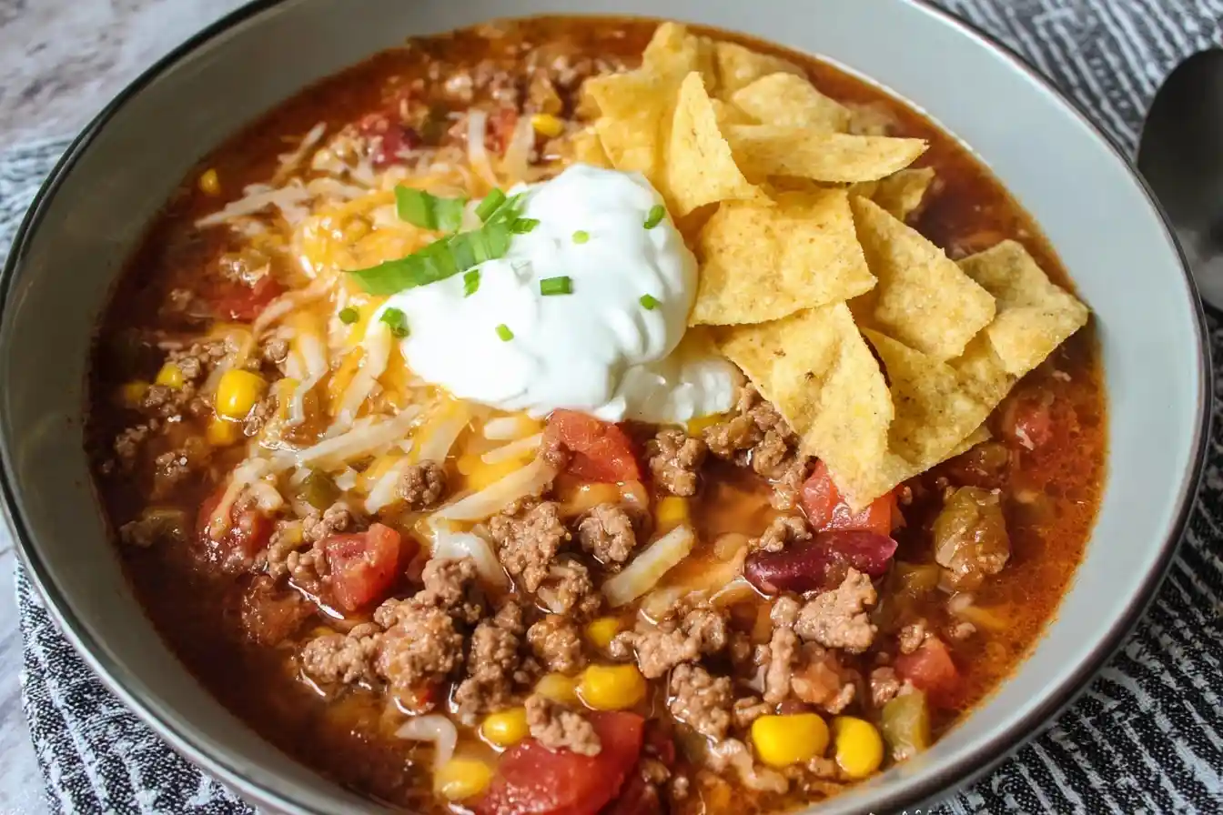 A gray bowl filled with a hearty taco soup recipe, topped with shredded cheese, sour cream, chives, and tortilla chips.