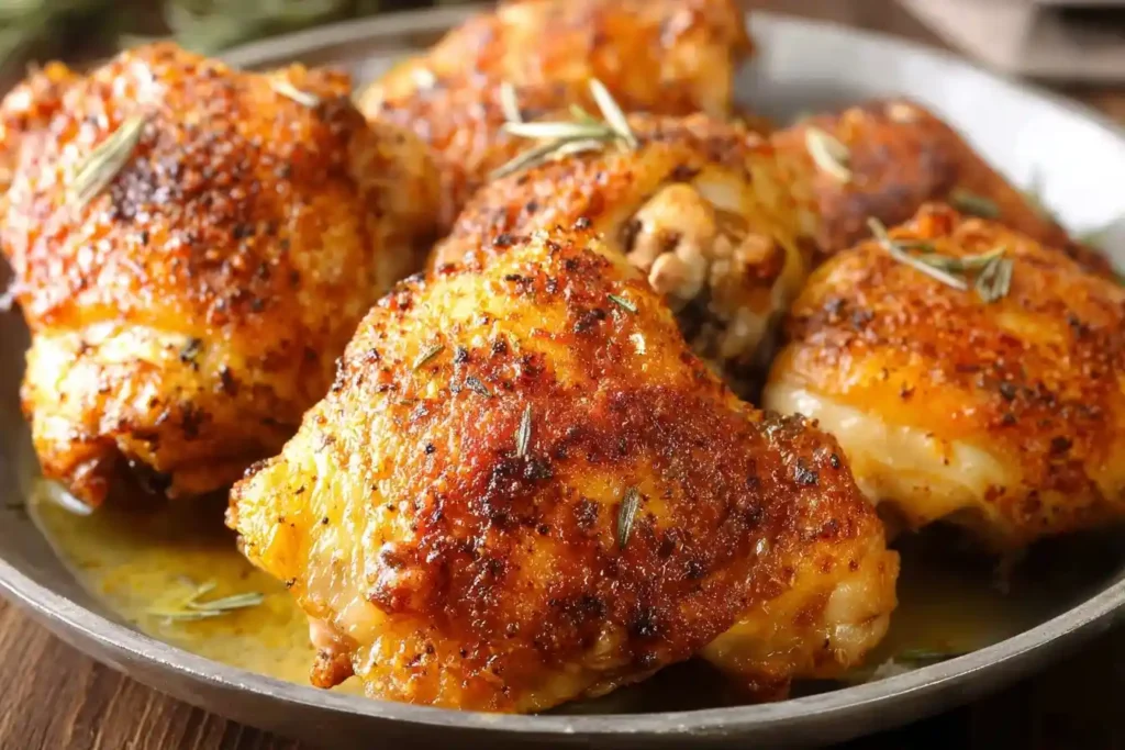 Close-up of golden brown roasted chicken thighs garnished with fresh rosemary on a serving platter.