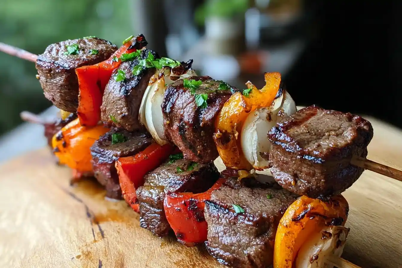 Close-up of juicy grilled steak kabobs with red peppers and onions garnished with parsley on a wooden board.