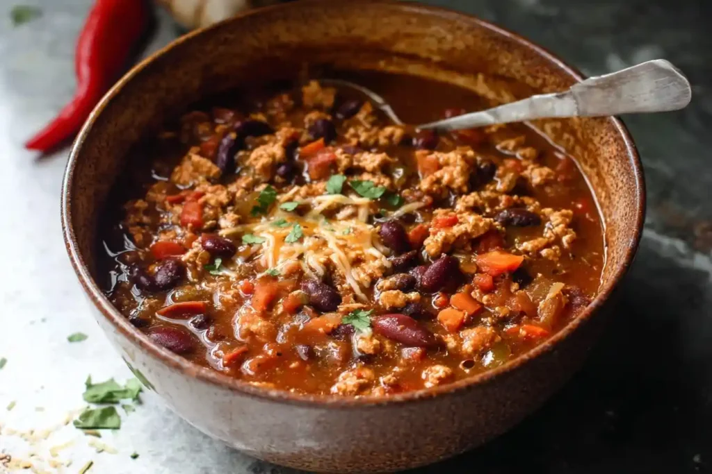 Close-up view of a rustic bowl filled with hearty turkey chili, kidney beans, and topped with shredded cheese and cilantro.