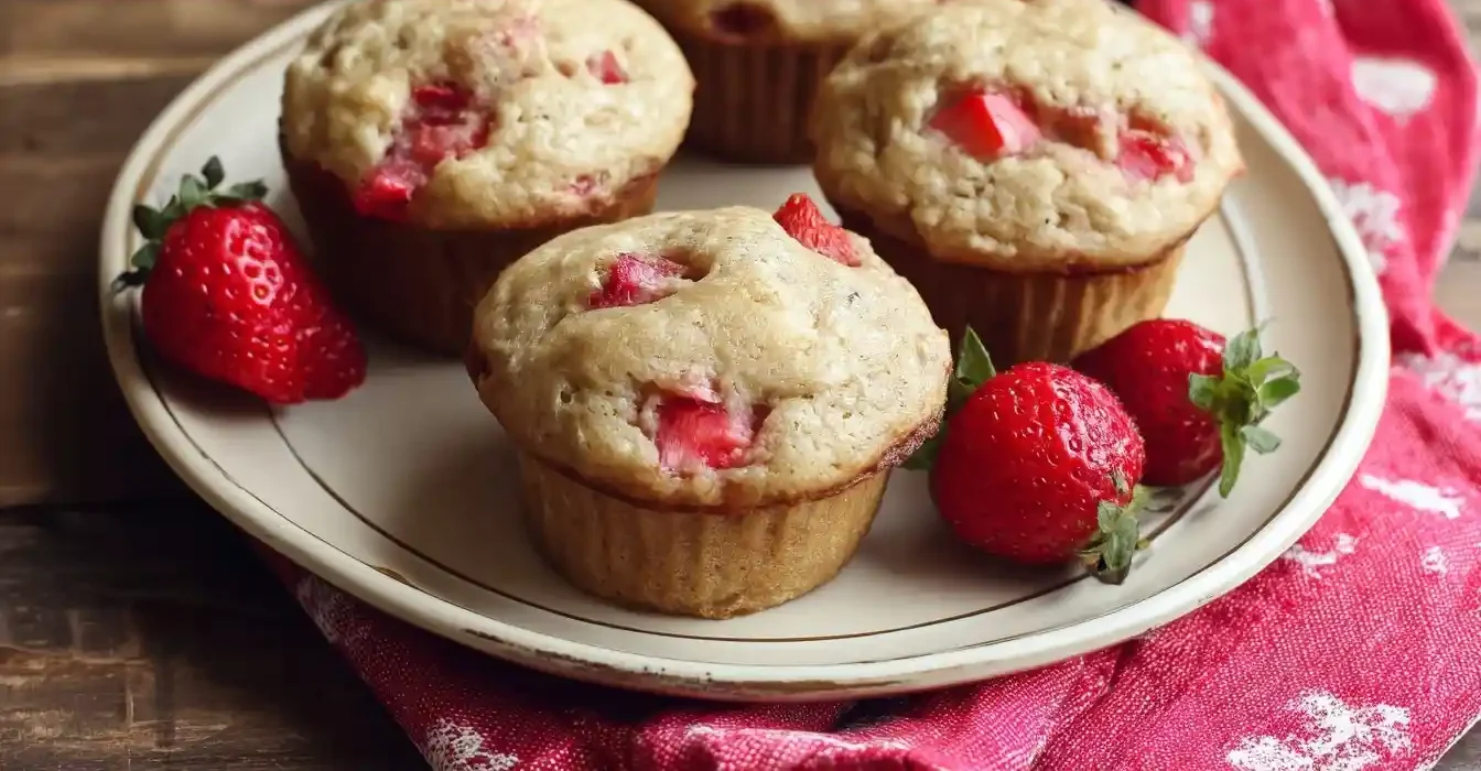 A plate of four golden Strawberry Muffins studded with fresh fruit chunks and garnished with whole strawberries.