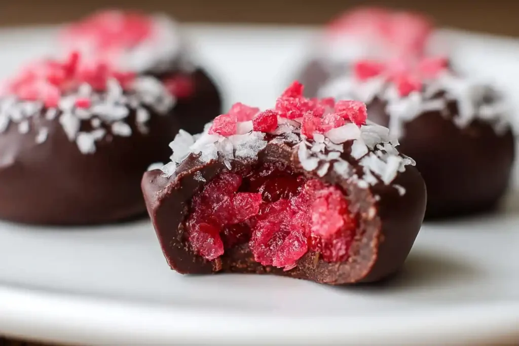 Close-up of a bitten cherry coconut truffle revealing a bright pink filling, coated in dark chocolate and coconut flakes.