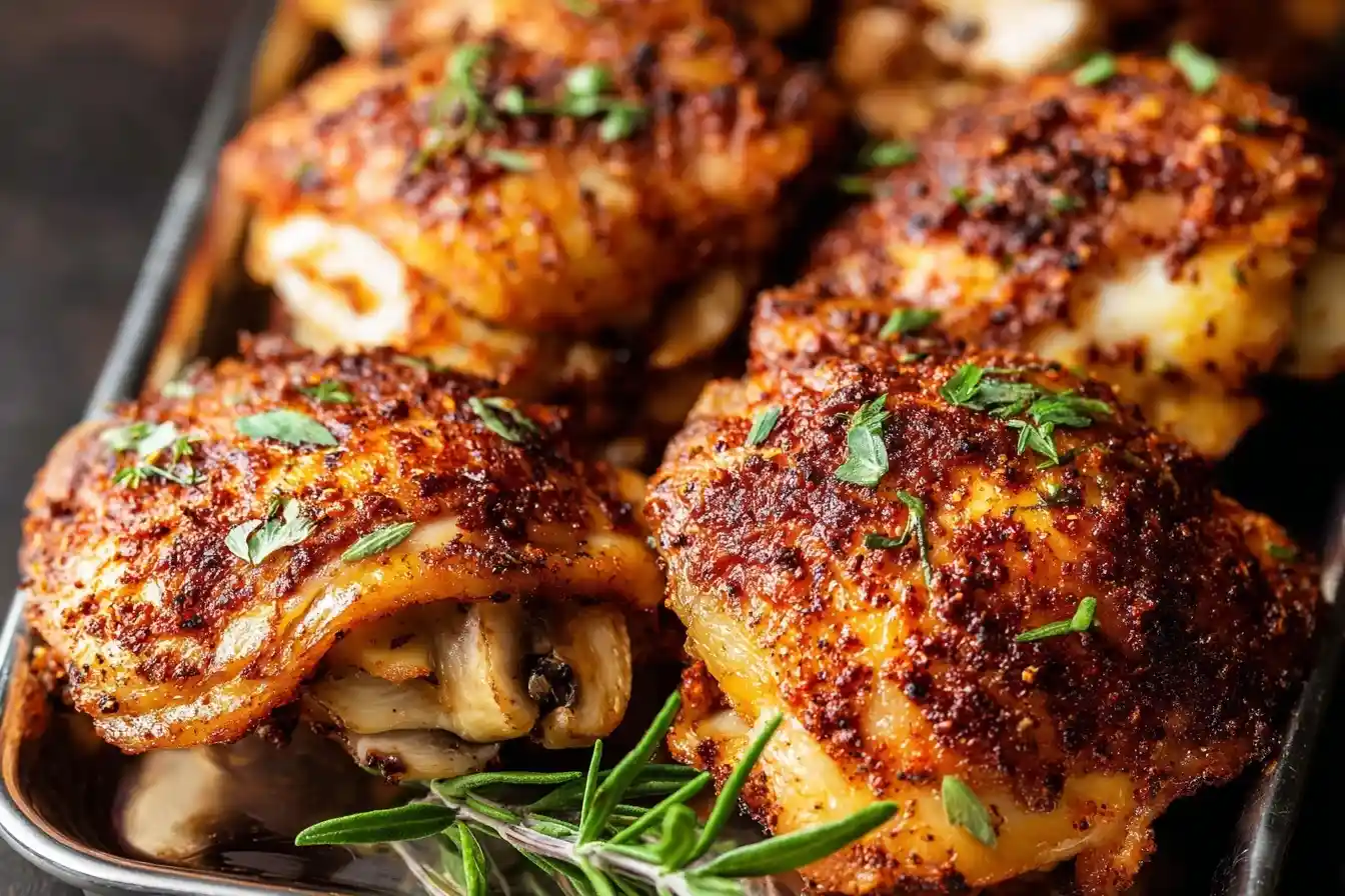 Crispy baked chicken thighs coated in a savory red spice rub and fresh herbs on a metal baking pan.