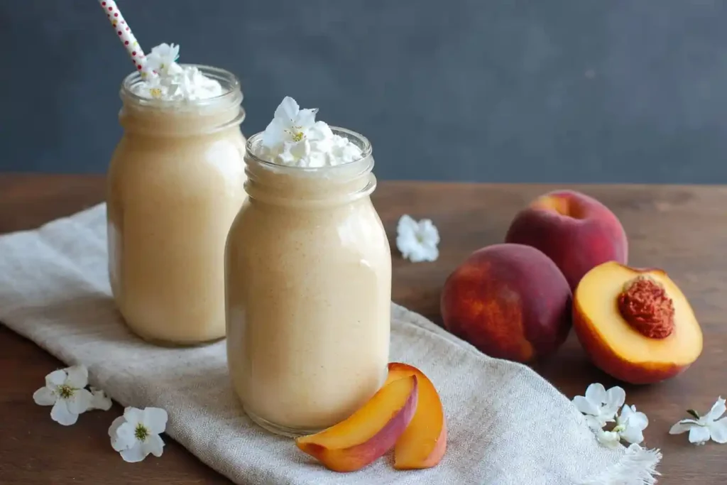 Two mason jars of creamy peach smoothie topped with whipped cream and white flowers, next to fresh peaches.