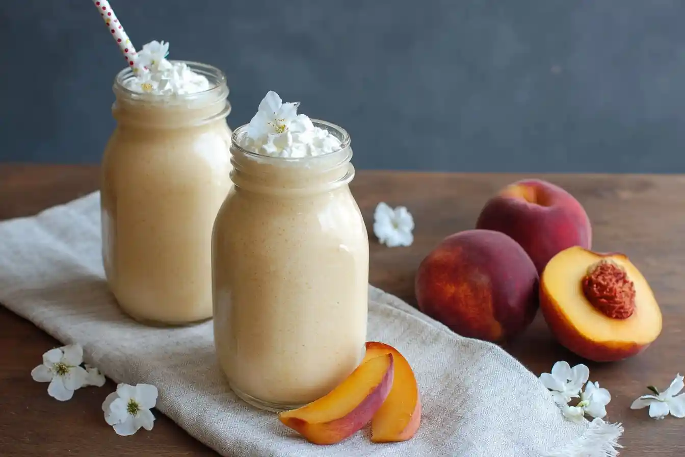 Two mason jars of creamy peach smoothie topped with whipped cream and white flowers, next to fresh peaches.