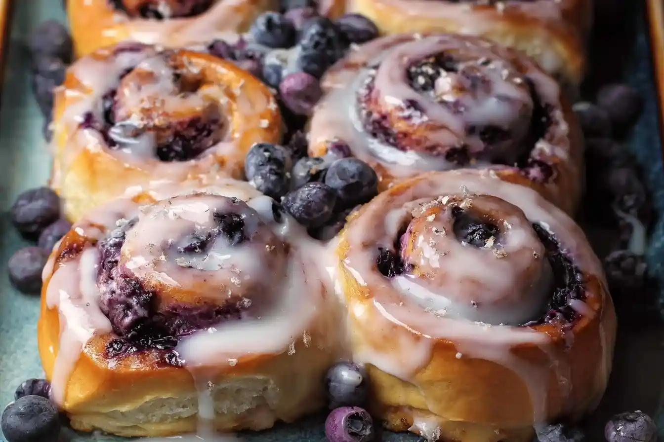 Freshly baked blueberry sweet rolls topped with sweet white icing and surrounded by fresh blueberries.
