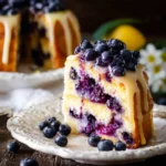 A slice of glazed blueberry bundt cake topped with fresh blueberries on a rustic plate.