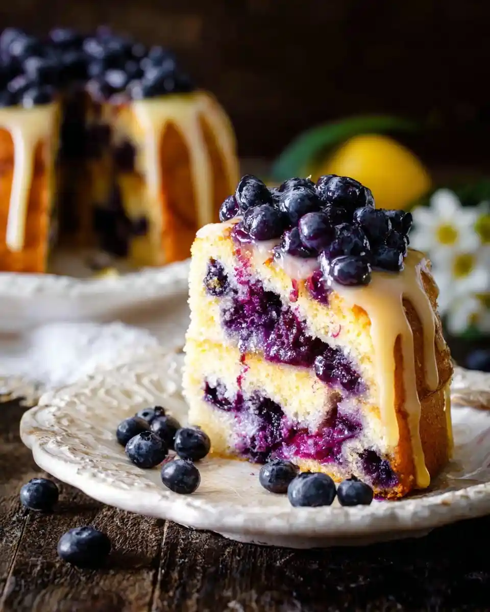 A slice of glazed blueberry bundt cake topped with fresh blueberries on a rustic plate.