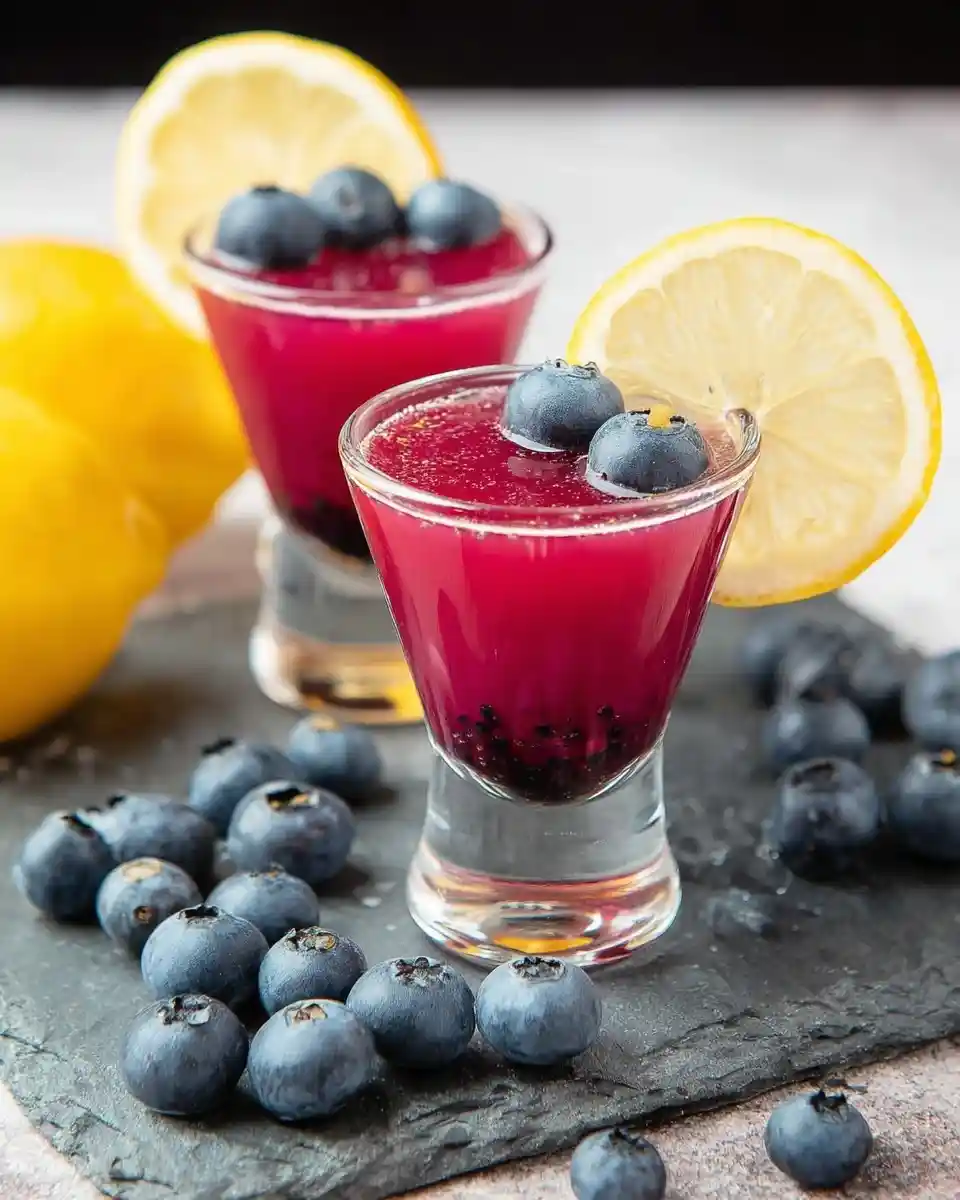 A vibrant blueberry lemon shot garnished with fresh berries and a lemon wheel on a dark slate board.