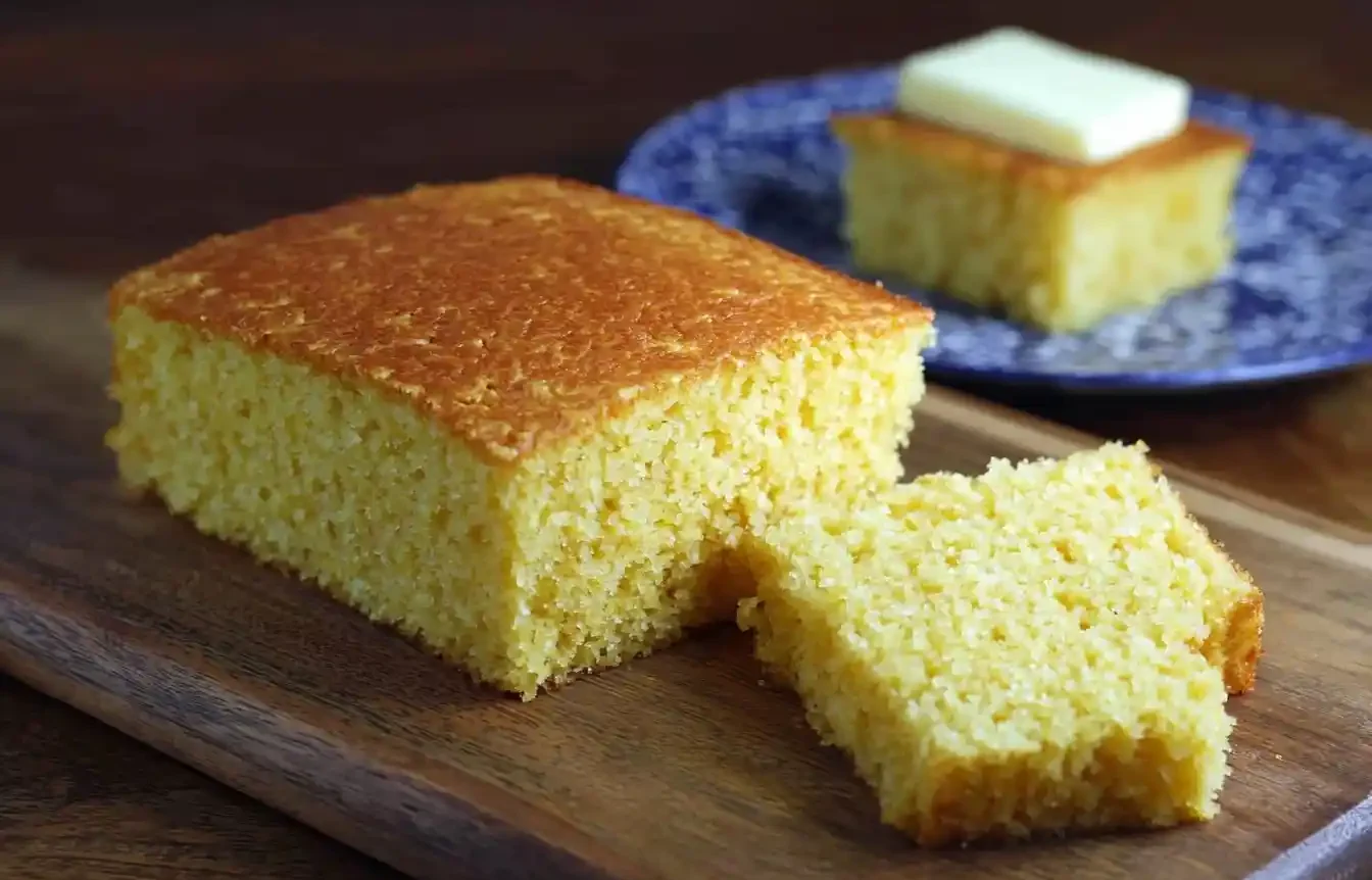 A thick square of golden cornbread on a wooden cutting board with a buttered slice on a blue plate in the background.