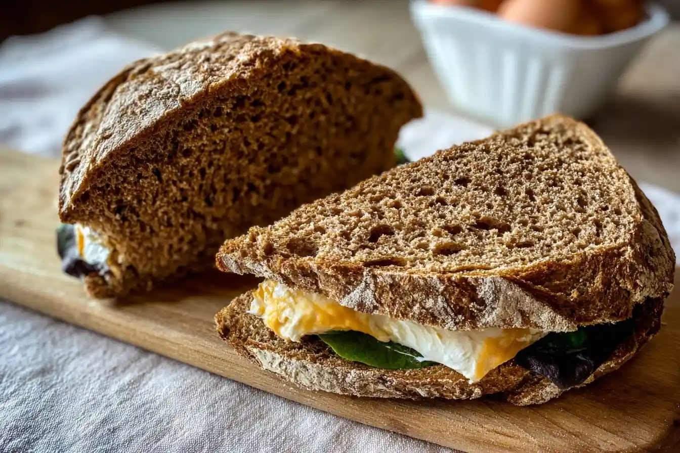 Close-up of a rustic egg sandwich on thick brown bread cut in half on a wooden board.
