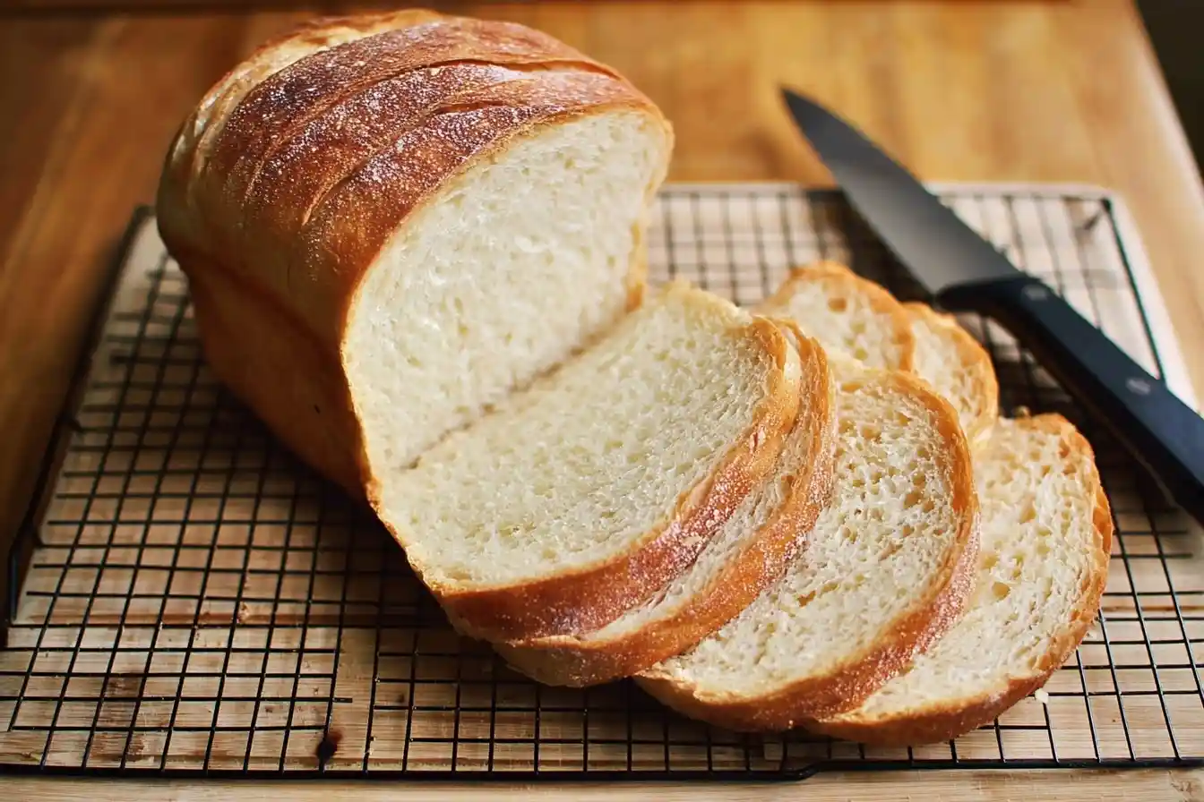 Sliced loaf of soft homemade white bread on a wire cooling rack with a knife nearby.