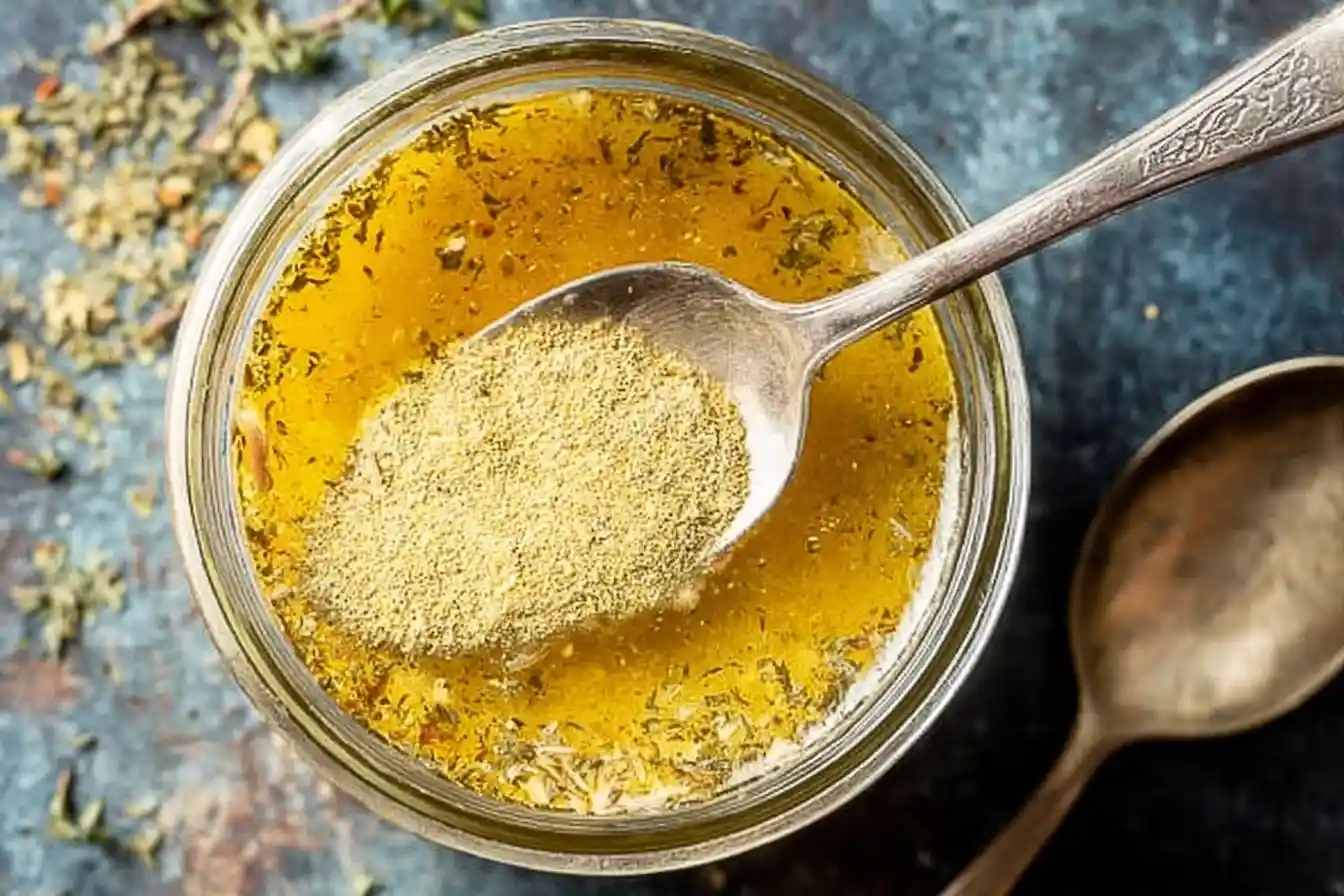 Spoon adding seasoning powder to a jar of homemade Greek salad dressing with olive oil and herbs