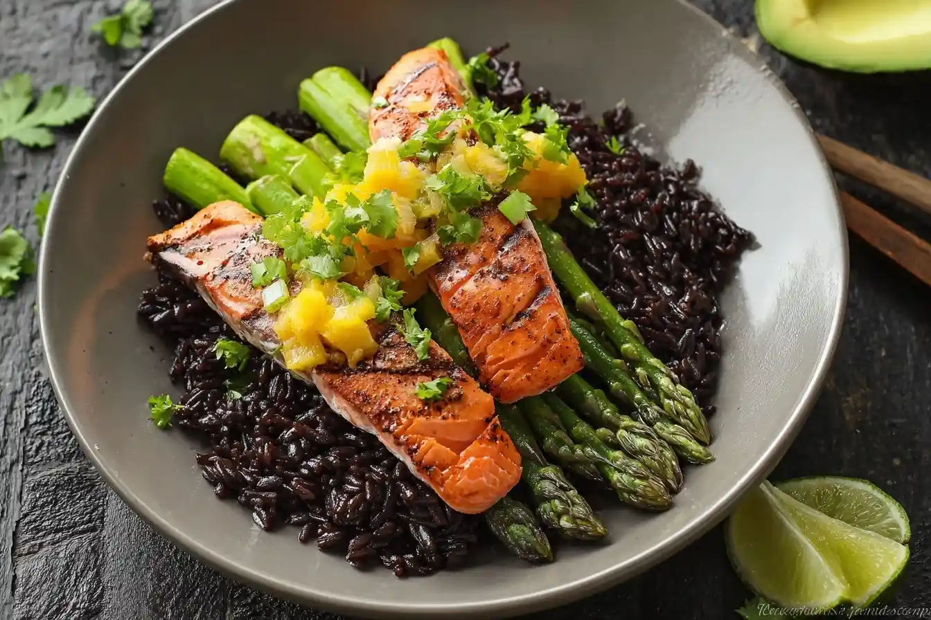 {{ $('Fetch Recipe Data').first().json["Main Keyword"] }} with salmon, mango salsa, asparagus, and black rice.