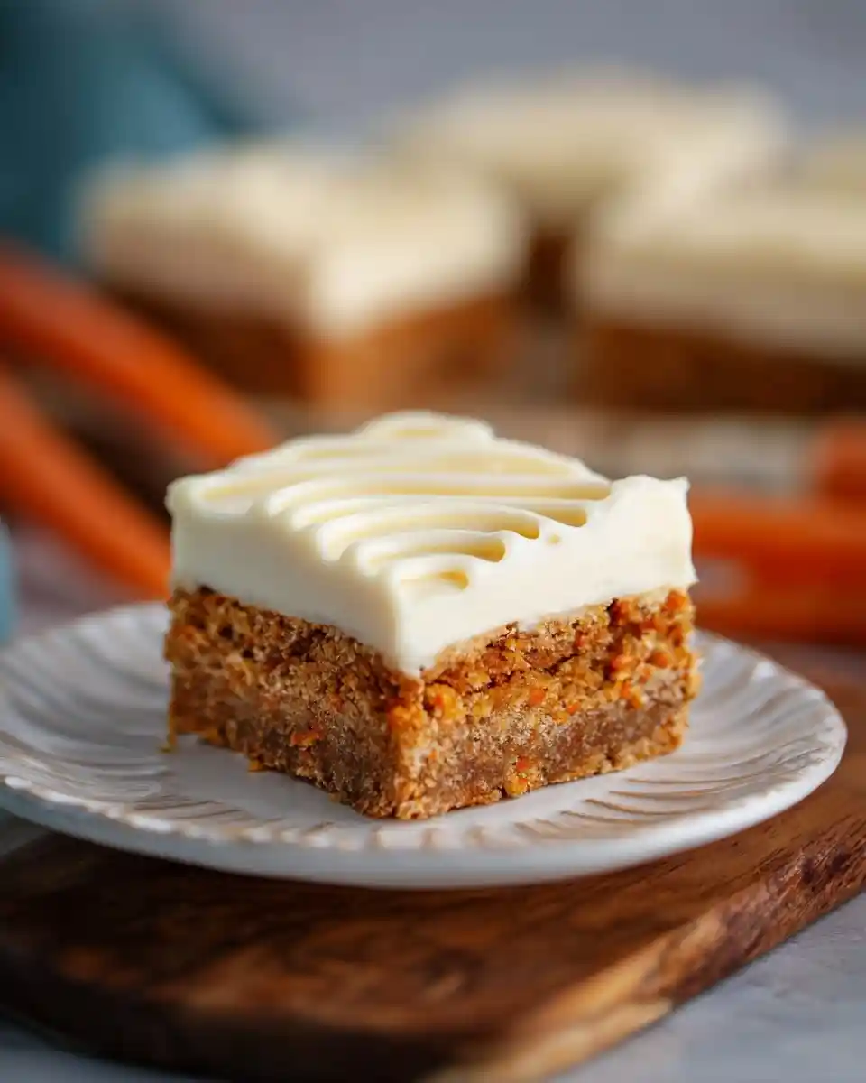A close up of frosted carrot cake bars on a white fluted plate with blurred carrots in the background.