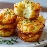 A stack of golden brown baked cheesy potato bites garnished with fresh herbs on a plate.