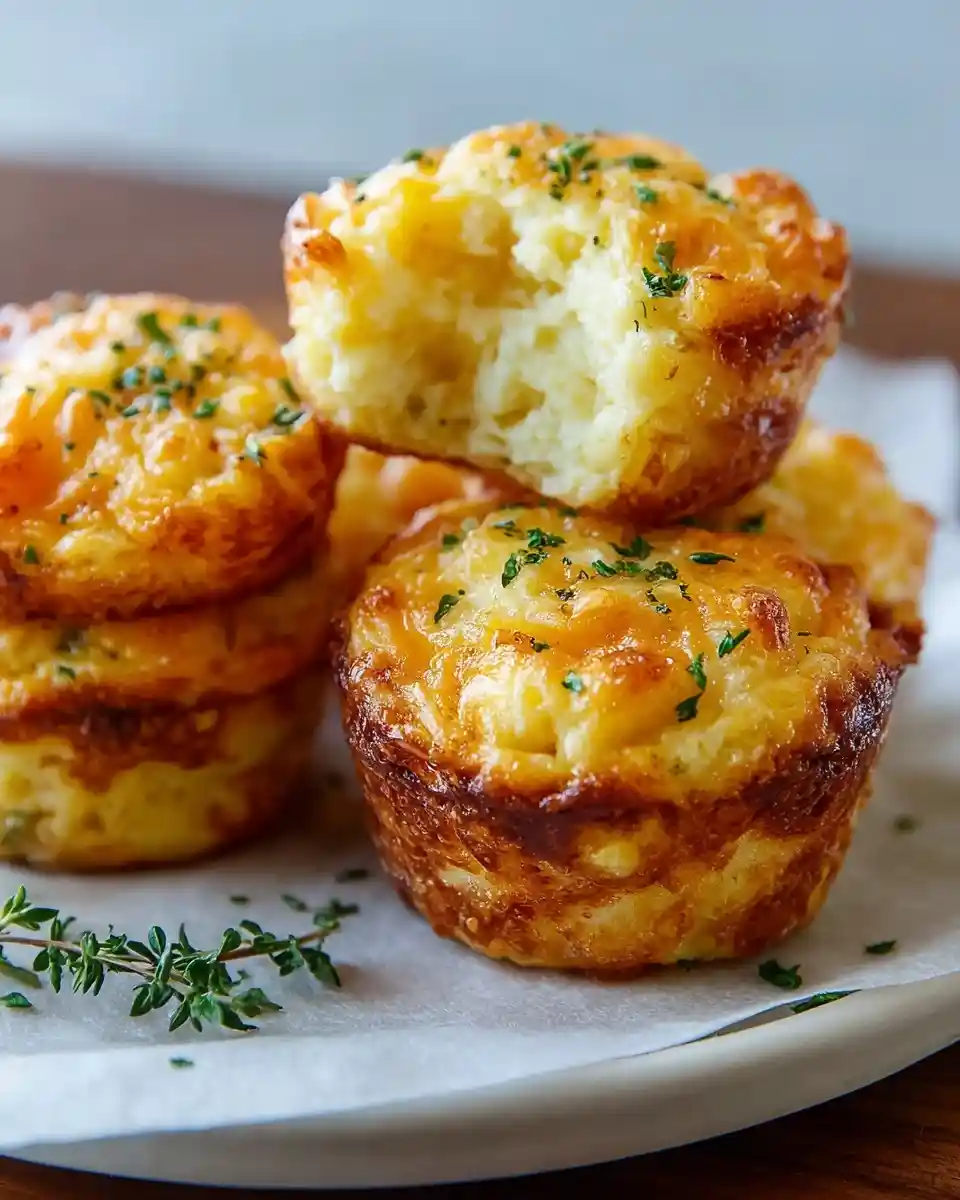A stack of golden brown baked cheesy potato bites garnished with fresh herbs on a plate.