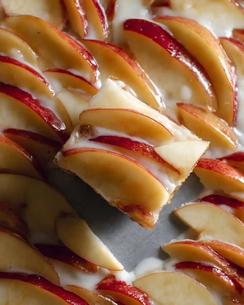 A square slice of {{ $('Fetch Recipe Data').first().json["Main Keyword"] }} topped with fresh apples and glaze.