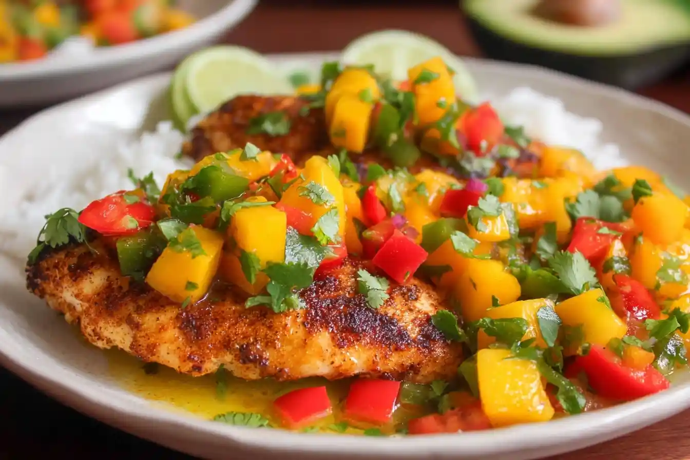 Close-up of pan-seared mango salsa chicken served over white rice with fresh cilantro and lime wedges.