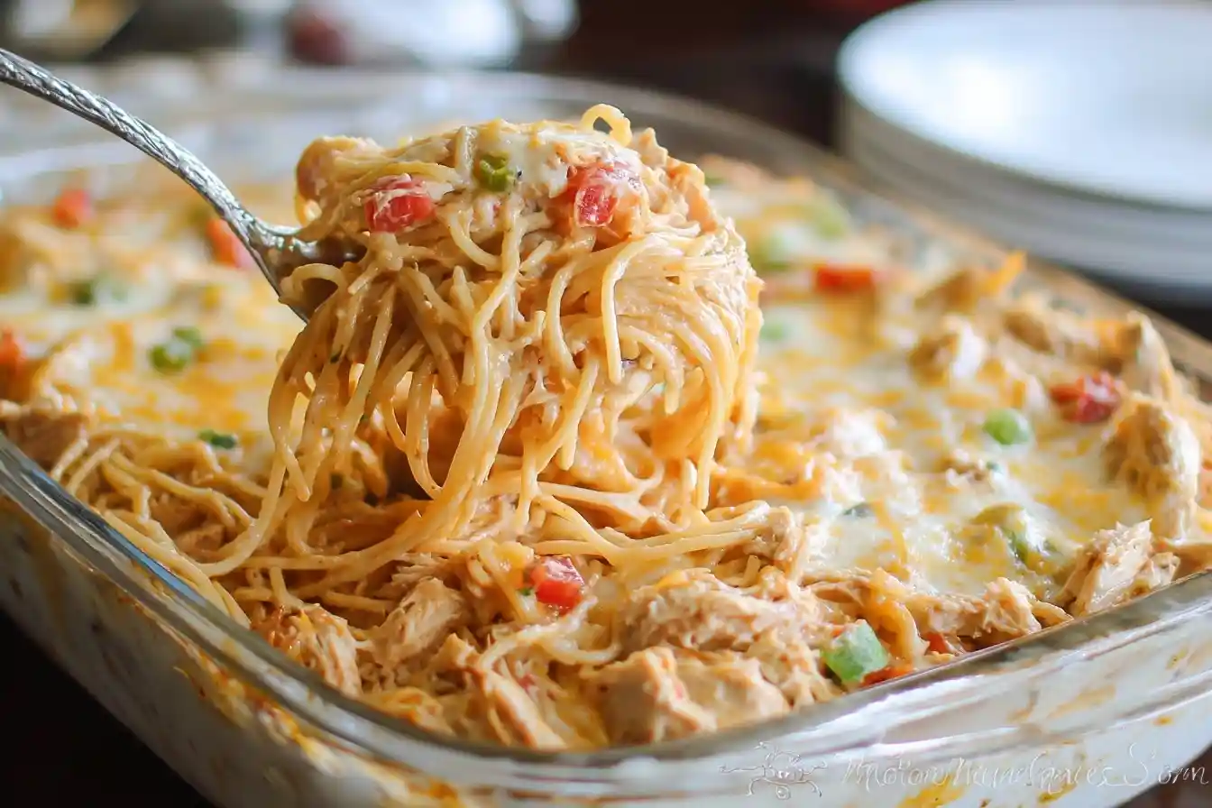 A silver spoon lifting a large serving of creamy chicken spaghetti with peppers from a glass baking dish.