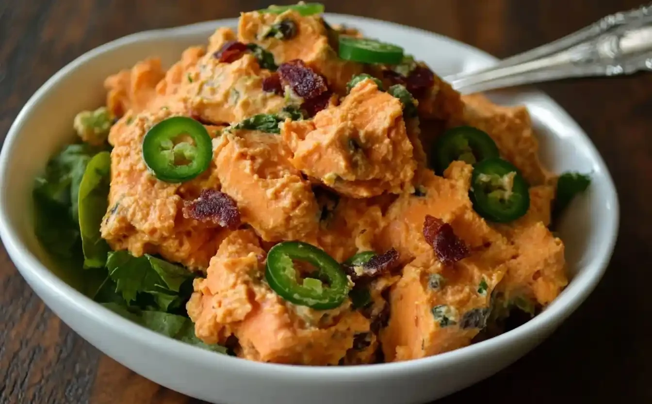 A white bowl filled with creamy sweet potato salad topped with sliced jalapenos and crispy bacon.
