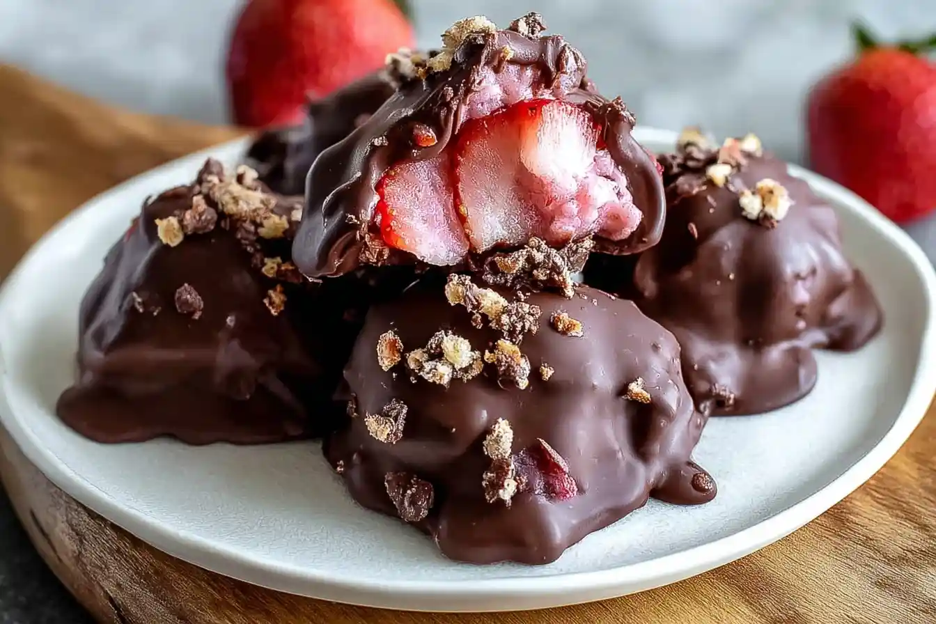 Close-up of frozen Strawberry Yogurt Clusters on a white plate, with one cut open to reveal fresh berries inside.