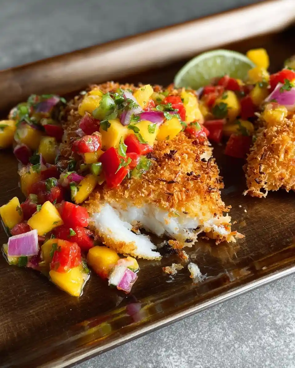 Crispy coconut crusted fish topped with vibrant mango salsa on a wooden tray.