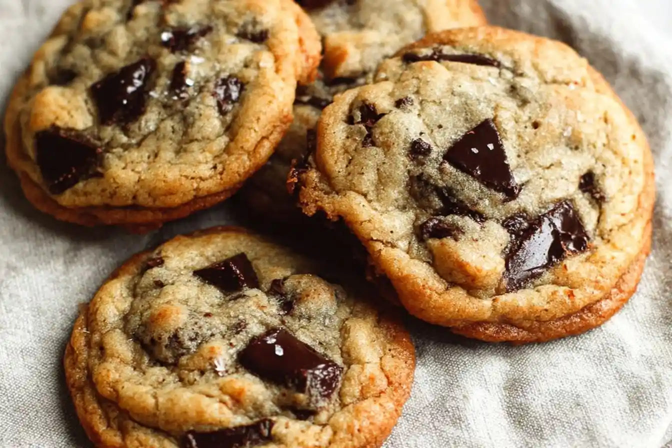 Close-up overhead shot of golden brown chocolate chip cookies with melted chocolate chunks and sea salt on a grey napkin.