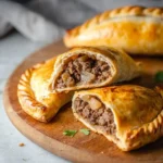 Halved {{ $('Fetch Recipe Data').first().json["Main Keyword"] }} on a wooden board showing a savory ground beef filling.