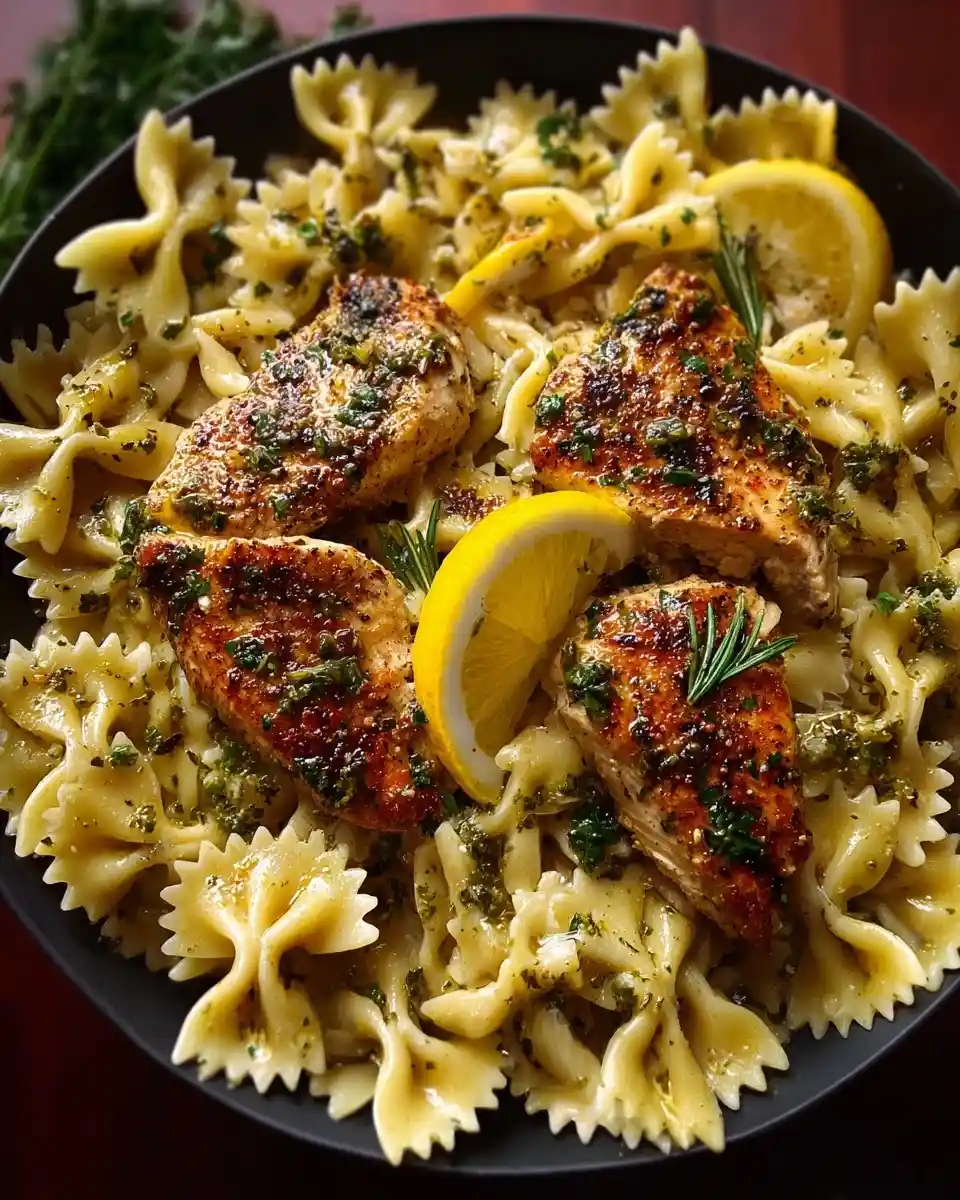 Delicious Lemon Herb Chicken Pasta featuring pan-seared chicken on bowtie noodles with lemon and rosemary.
