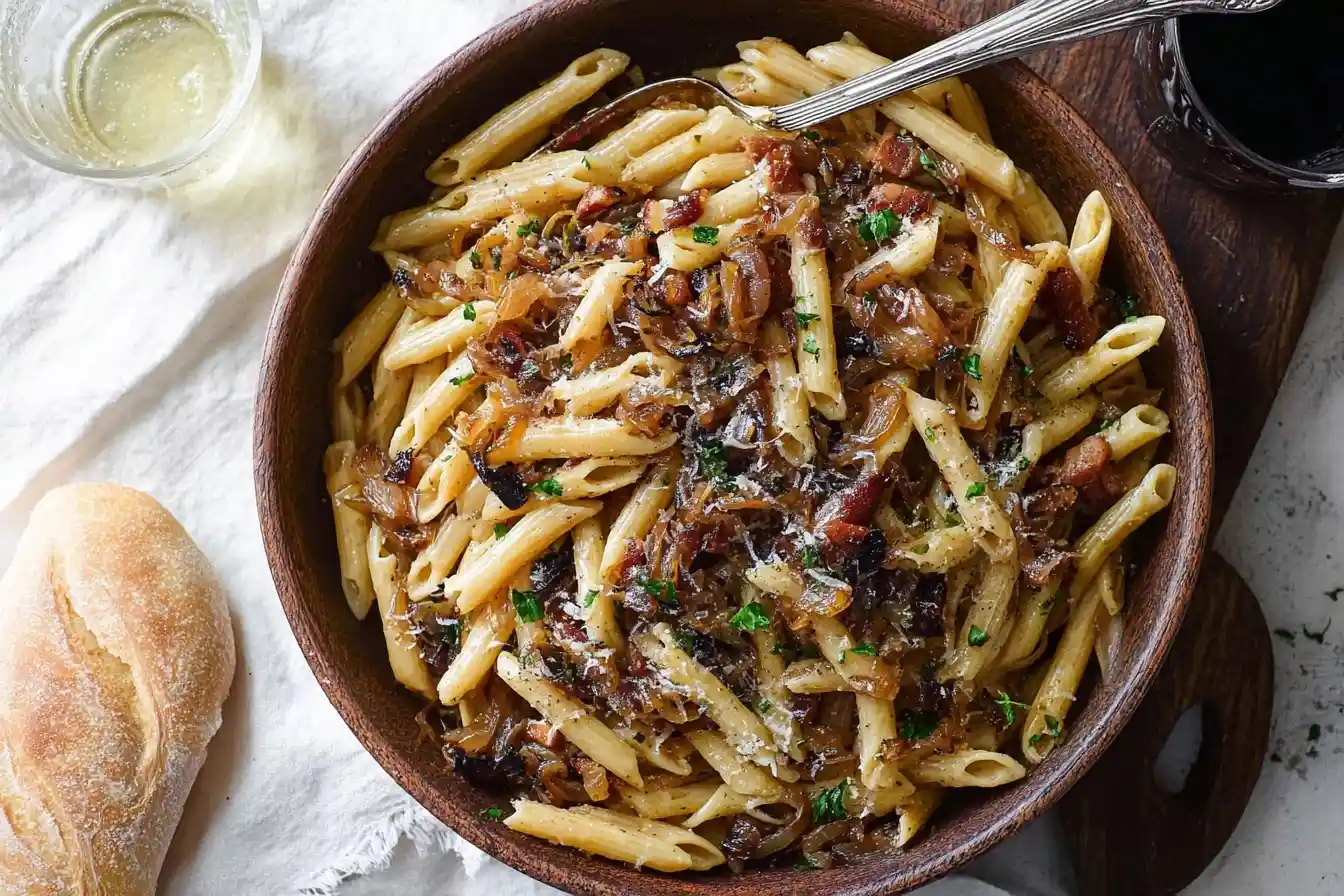Wooden bowl filled with savory French Onion Pasta, topped with caramelized onions, bacon, and fresh herbs.