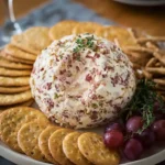 A close-up of a savory chipped beef cheese ball surrounded by round crackers and red grapes on a white serving platter.