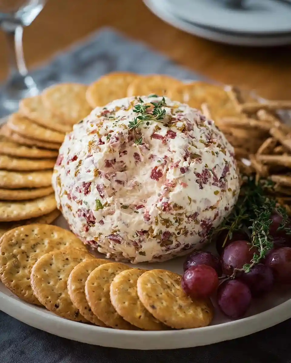 A close-up of a savory chipped beef cheese ball surrounded by round crackers and red grapes on a white serving platter.