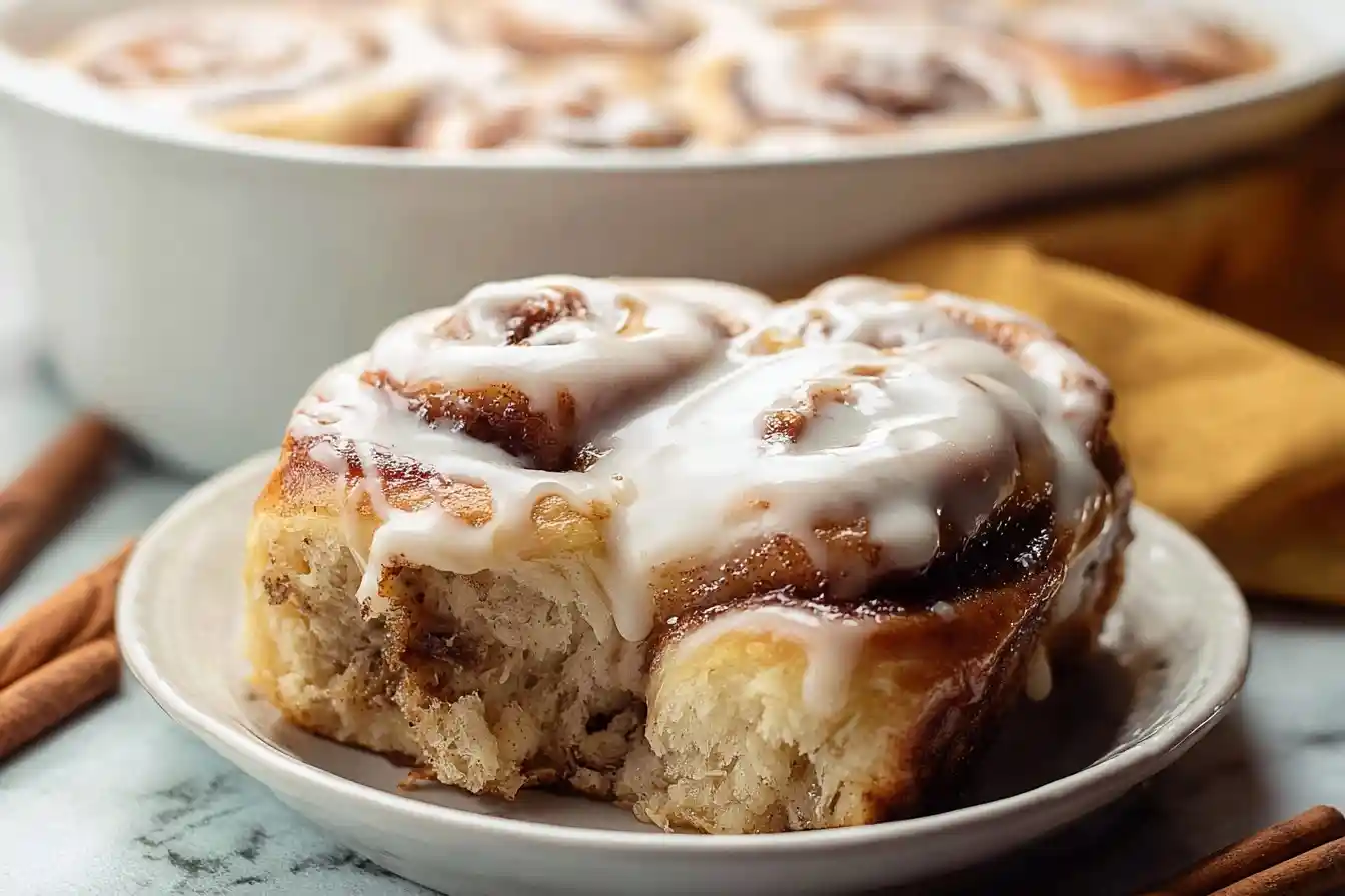 Close-up of a warm {{ $('Fetch Recipe Data').first().json["Main Keyword"] }} with soft dough and rich white icing on a plate.