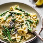 A close-up of creamy asparagus mushroom pasta garnished with grated cheese and black pepper.