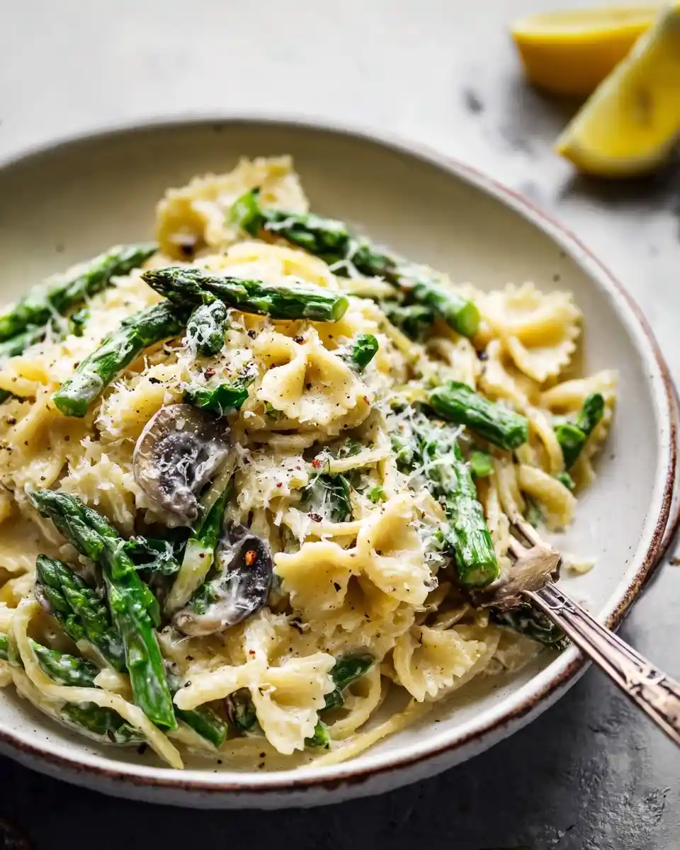 A close-up of creamy asparagus mushroom pasta garnished with grated cheese and black pepper.